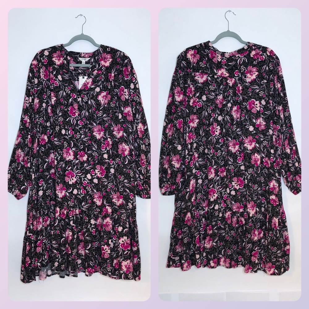 TERRA & SKY dress in black, pink, purple floral pattern with ruffled fla…